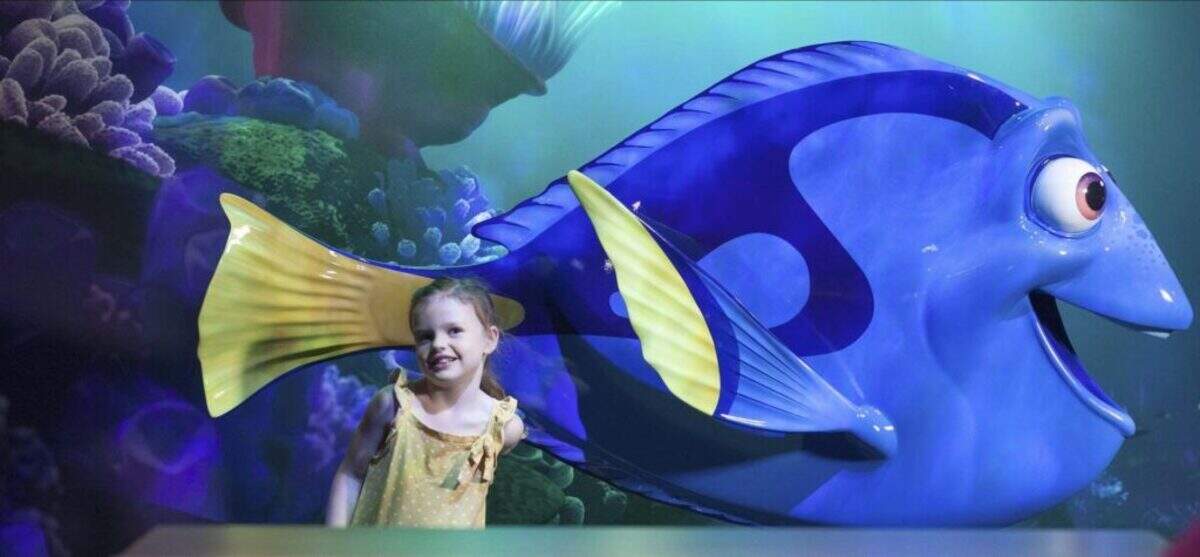 Dory from “Finding Nemo” is featured in “The Science Behind Pixar,” where visitors can experiment with lighting effects and learn how Pixar creates believable underwater scenes.