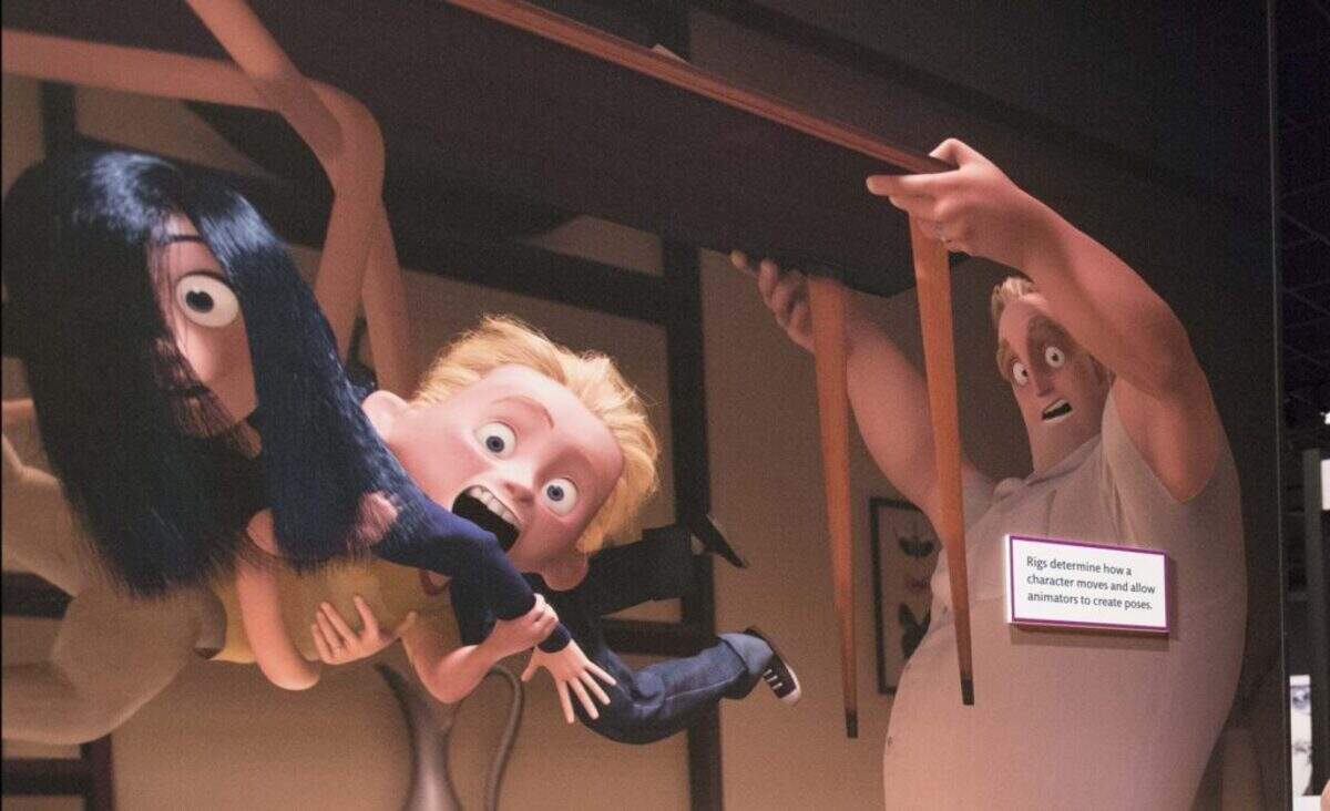 An exhibit display featuring characters from “The Incredibles” helps explain rigging, the process that allows animators to control how digital characters move and pose.