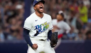 Tampa Bay Rays pitcher Freddy Peralta celebrates the last out in the top of the fifth inning in Game 2 of an American League Championship Series baseball game against the Cleveland Guardians in St. Petersburg, Fla. Tuesday, Oct. 13, 2026. (AP Photo/David J. Phillip)