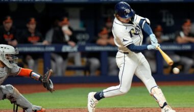 Tampa Bay Rays' Jonny DeLuca lines a two-run single off Baltimore Orioles pitcher Josh Walker during the seventh inning of a baseball game Monday, Aug. 17, 2026, in St. Petersburg, Fla. (AP Photo/Chris O'Meara)
