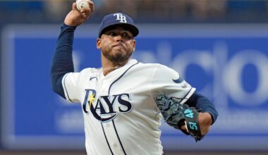 Tampa Bay Rays pitcher Freddy Peralta delivers to the Houston Astros during the first inning of a baseball game Sunday, Sept. 13, 2026, in St. Petersburg, Fla. (AP Photo/Chris O'Meara)