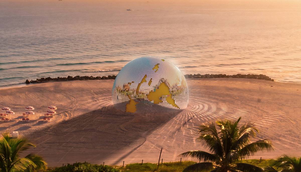 A free 44-foot-wide mirrored Earth installation lands on the sands of Miami Beach this Art Week