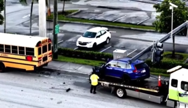 SUV driver hospitalized after rear-ending school bus in Davie; EB Griffin Road closed near SW 82nd Ave - WSVN 7News | Miami News, Weather, Sports