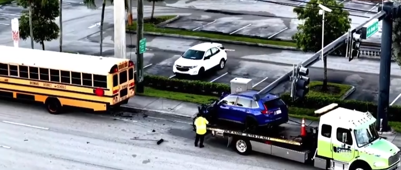 SUV driver hospitalized after rear-ending school bus in Davie; EB Griffin Road closed near SW 82nd Ave - WSVN 7News | Miami News, Weather, Sports