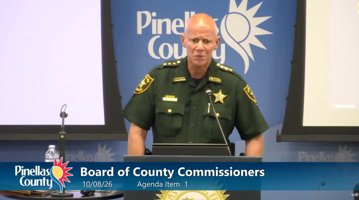 Pinellas County Sheriff Bob Gualtieri responds to questions about ALPR sponsorships at the Oct. 8, 2026, Pinellas County Commission meeting. Credit: Pinellas County Government / Pinellas County Government