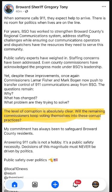 On social media, Broward Sheriff Gregory Tony decried "the level of corruption" on the County Commission, then took the post down. But the Sun Sentinel obtained it (Facebook)