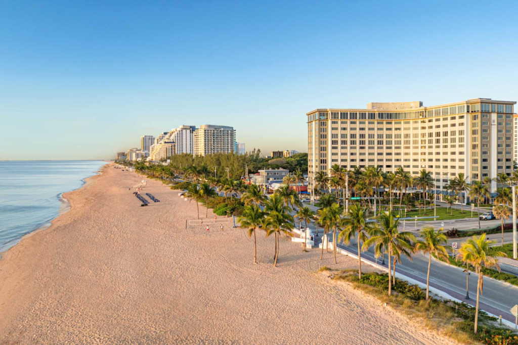 image a hotel on a Fort Lauderdale beach on a sunny day.