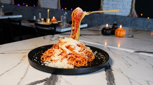 Rosalia's Kitchen's Haunted Pasta, the restaurant's 100-year-old marinara recipe with a floating fork, is part of the Halloween-themed menu. (Rosalia's Kitchen/Courtesy)