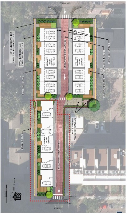 The site plan calls for 15 luxury townhomes with a one-way drive aisle between E. Central Boulevard and Pine Street. The 10 units on the Central Avenue lots will be constructed in Phase 1. (Site plan by Catalyst Design Group)