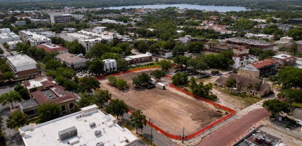 An aerial photograph shows the cleared former Gardens at DePugh nursing home property at Morse Boulevard and Pennsylvania Avenue, where Z Properties plans to build Morse & Penn. (Courtesy of Z Properties)