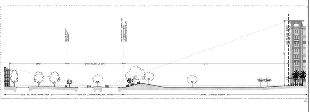 A building-height study shows the scale of a potential 125-foot building within Grand Cypress Resort compared with the existing Atrium apartments across Winter Garden Vineland Road. The drawing illustrates the allowable height envelope, not a specific proposed building design. (Courtesy of Evans Engineering)