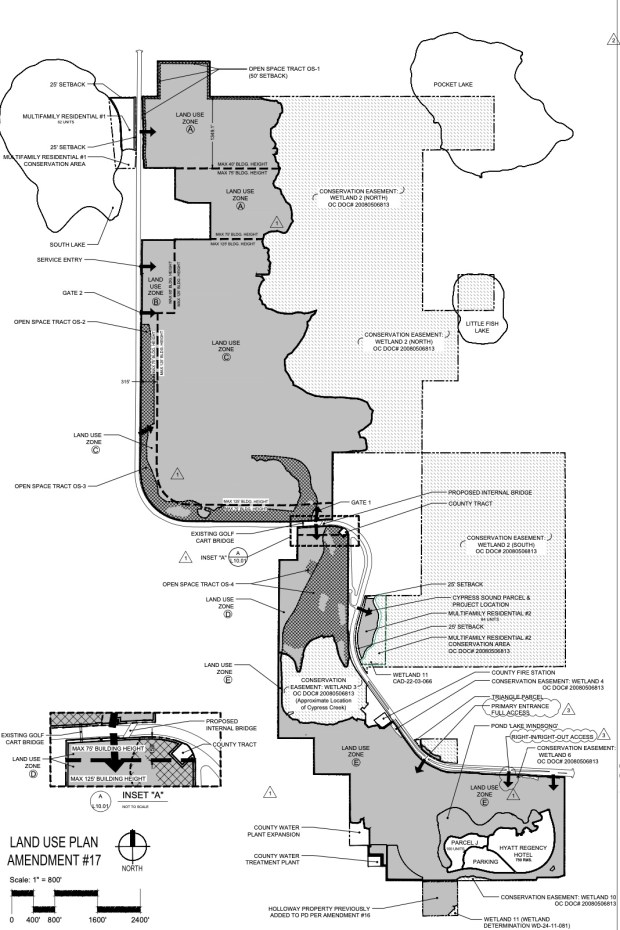 The Grand Cypress Resort land-use plan identifies portions of the property where future buildings could reach 125 feet, alongside areas with lower 40-, 60- and 75-foot height limits. The proposed increase would apply only within the areas designated on the plan. (Courtesy of Evans Engineering)