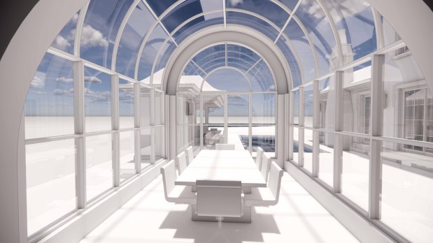 The dining room will extend from the main house beneath a curved glass roof, with views across the pool terrace toward the cabana. (Courtesy of Winter Park Design)