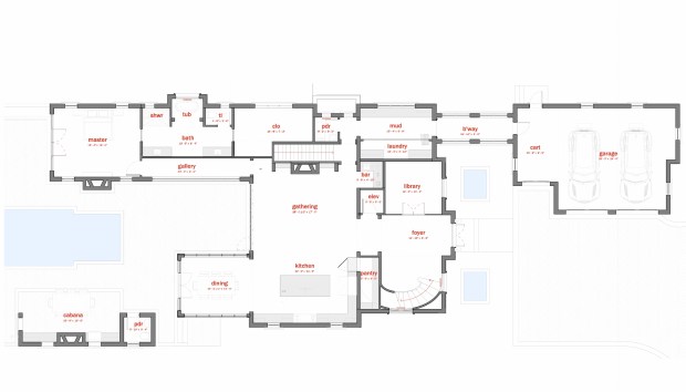 The first-floor plan places the primary suite in a separate wing and connects the kitchen and gathering room to the pool terrace. (Courtesy of Winter Park Design)