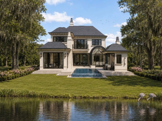 The lake-facing side of the planned home will include a pool terrace, a cabana and a glass-roofed dining room overlooking Lake Virginia. (Courtesy of Winter Park Design)