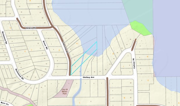 The property outlined in turquoise at 1340 Lakeview Drive is the site of Aaron and Desiree Isler's planned 6,728-square-foot home on Lake Virginia in Winter Park. (Courtesy Orange County Property Appraiser)
