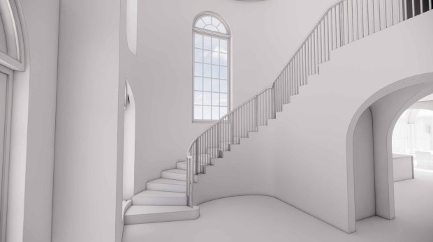 A curved staircase will rise through the foyer beside tall, arched windows in the home designed by Winter Park Design. (Courtesy of Winter Park Design)