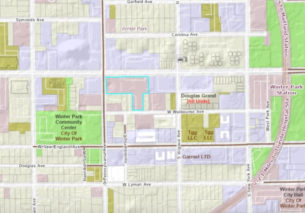 The Morse & Penn development site, outlined in turquoise, sits east of Pennsylvania Avenue between Morse Boulevard and Welbourne Avenue near Winter Park's downtown SunRail station. (Orange County Property Appraiser)