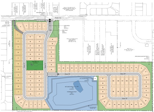 The Sheeler Park site plan shows 109 homesites, a 0.74-acre park and a jogging trail beside the stormwater area on the west side of Sheeler Avenue in Apopka. (Pape-Dawson/Courtesy of KB Home)