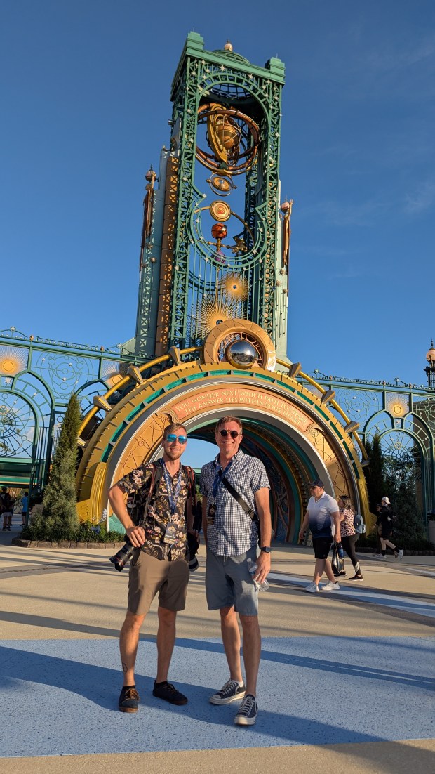 Patrick Connolly covers the opening of Epic Universe with former Orlando Sentinel reporter Dewayne Bevil. (Patrick Connolly/Orlando Sentinel)