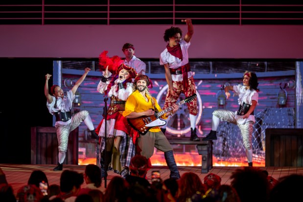 A Pirate's Rocking' Parlay Party is the evening highlight of night two on board the Disney Destiny, Disney Cruise Line's new Wish-class ship, on Nov. 11, 2025. (Patrick Connolly/Orlando Sentinel)