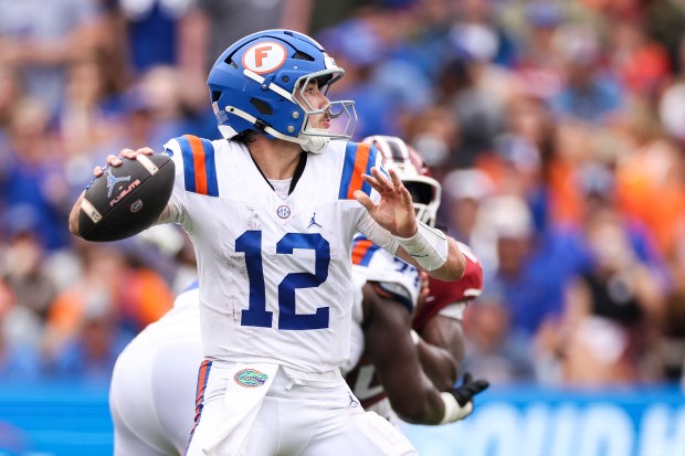 Florida quarterback Aaron Philo committed two turnovers and had one touchdown pass during the Gators' 38-19 homecoming loss to South Carolina Saturday in the Swamp. (Photo by James Gilbert/Getty Images)