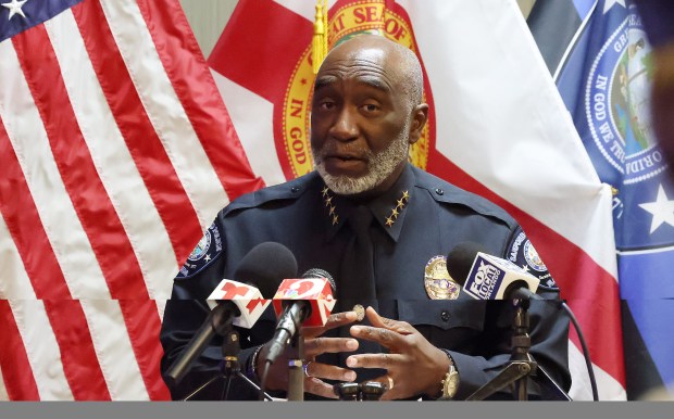 Sanford Police Chief Cecil Smith speaks during a press conference at the Sanford Police Department on Thursday, October 15, 2026. The press conference was held to reveal the name of the victim of a 1997 cold case homicide as John Richard Moulis. (Stephen M. Dowell/Orlando Sentinel)