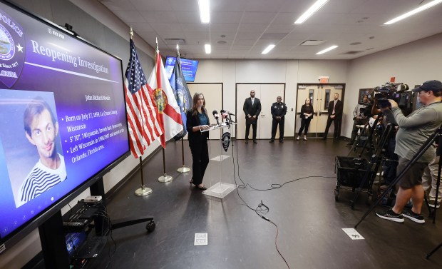 Sanford Police Communications Manager Bianca Gillett speaks during a press conference at the Sanford Police Department on Thursday, October 15, 2026. The press conference was held to reveal the name of the victim of a 1997 cold case homicide as John Richard Moulis. (Stephen M. Dowell/Orlando Sentinel)