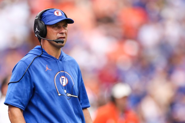 Florida head coach Jon Sumrall looks on as the No. 16 Gators dropped their second straight game with a homecoming loss to South Carolina Saturday in the Swamp. (Photo by James Gilbert/Getty Images)