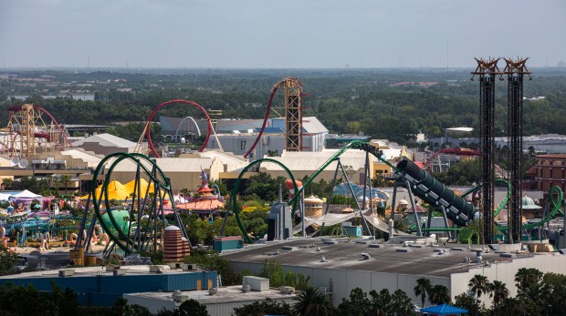 A high vantage point of Universal Orlando shows The Incredible Hulk Coaster, Dr. Doom's Fearfall and Hollywood Rip Ride Rockit in 2019. Now the skyline has changed as Rip Ride Rockit has been torn down and will soon be replaced by Fast & Furious: Hollywood Drift. (Patrick Connolly/Orlando Sentinel)