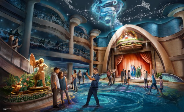 The Grand Hall on the Disney Believe takes inspiration from the world of "Moana." Disney Cruise Line's fourth Wish-class ship will debut out of Fort Lauderdale in December 2027. (Courtesy of Walt Disney Co.)