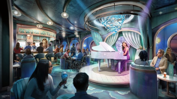 "Sea Notes" is a new lounge inspired by "The Little Mermaid" on the Disney Believe. Disney Cruise Line's fourth Wish-class ship will debut out of Fort Lauderdale in December 2027. (Courtesy of Walt Disney Co.)