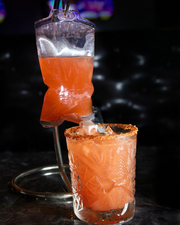 Boo's Bag ($13), an IV-style drink bag filled with Bacardi, orange juice, pineapple and cranberry will be available from Oct. 12 -31 at Kings Orlando. (Photo courtesy Kings Orlando)