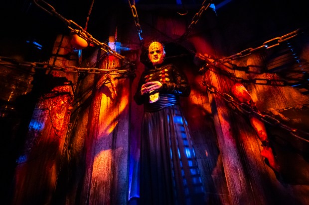 "Hellraiser" and its main antagonist, Pinhead, are the main draws of a haunted house based on the films during Halloween Horror Nights at Universal Studios Florida on Aug. 29, 2026. (Patrick Connolly/Orlando Sentinel)