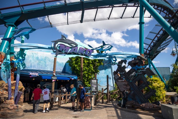 Theme park visitors enter the queue for the Mako roller coaster at SeaWorld Orlando with a posted wait time of 5 minutes on Oct. 21, 2026. Orlando's tallest roller coaster was closed for a week as a precaution following the death of a man on a similar coaster at Six Flags in Georgia. (Patrick Connolly/Orlando Sentinel)