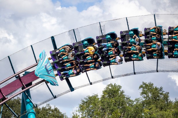 Theme park visitors take a ride on the reopened Mako roller coaster at SeaWorld Orlando on Oct. 21, 2026. Orlando's tallest roller coaster was closed for a week as a precaution following the death of a man on a similar coaster at Six Flags in Georgia. (Patrick Connolly/Orlando Sentinel)