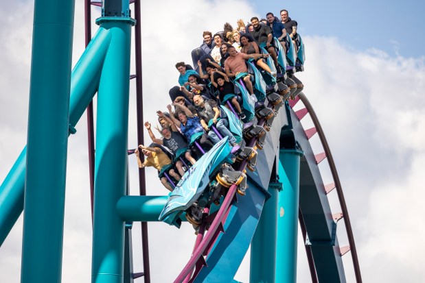 Theme park visitors take a ride on the reopened Mako roller coaster at SeaWorld Orlando on Oct. 21, 2026. Orlando's tallest roller coaster was closed for a week as a precaution following the death of a man on a similar coaster at Six Flags in Georgia. (Patrick Connolly/Orlando Sentinel)