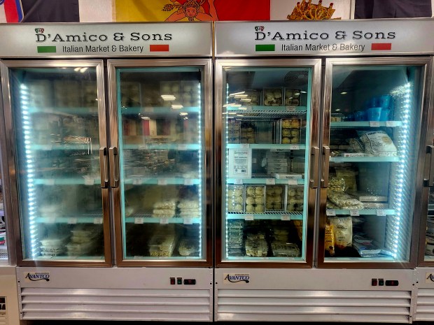 Fresh, frozen pasta lines the freezer shelves at D'Amico & Sons in Oviedo. (Amy Drew Thompson/Orlando Sentinel)