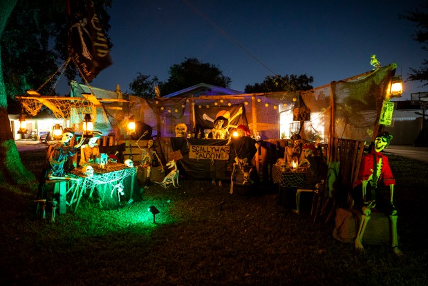The home at 2006 Mohican Trail in Maitland features a Scallywag Saloon and a pirate ship next door on Oct. 15, 2026. (Patrick Connolly/Orlando Sentinel)