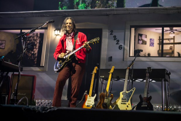 Weezer guitarist Brian Bell performs at Kia Center on "The Gathering" tour in Orlando on Oct. 11, 2026. (Patrick Connolly/Orlando Sentinel)