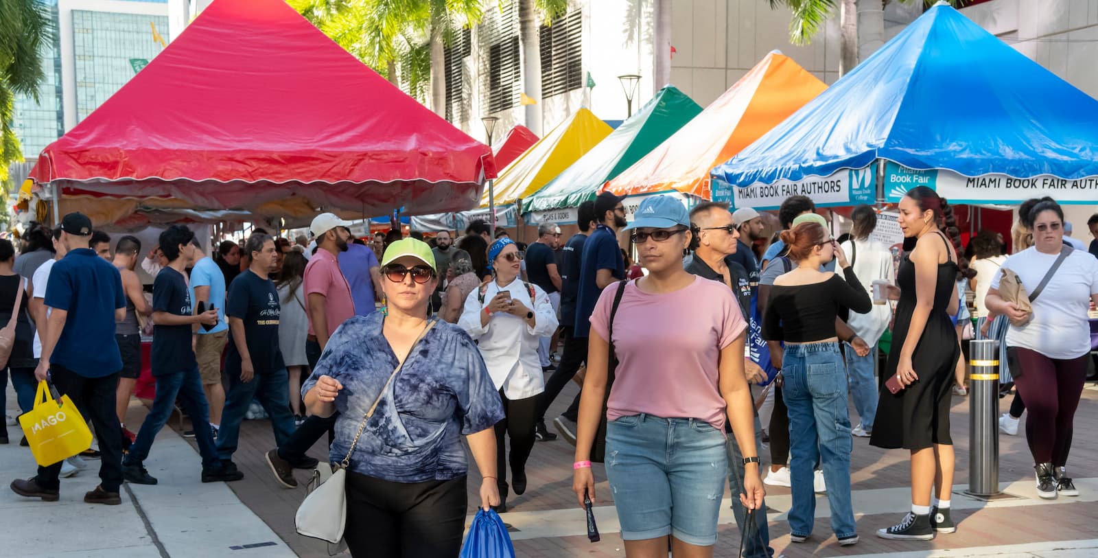 Crowd browsing books at the Miami Book Fair street fair