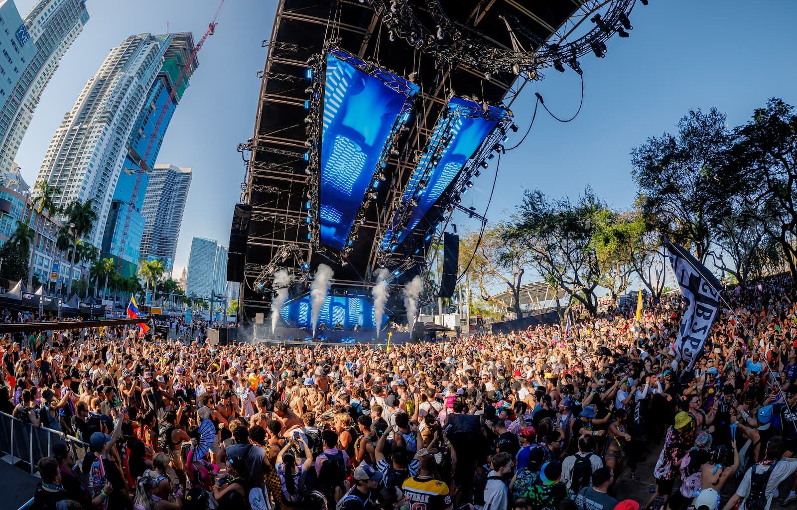 Ultra Music Festival main stage at Bayfront Park with pyrotechnics and crowd