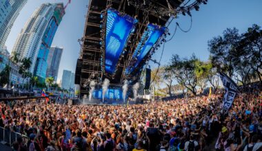 Ultra Music Festival main stage at Bayfront Park with pyrotechnics and crowd