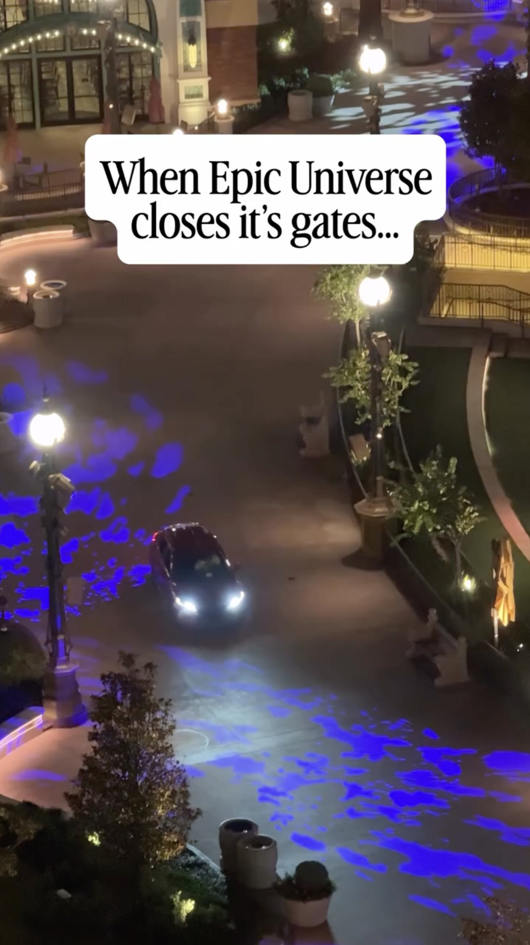 Celestial Park’s walkways see a different kind of traffic after Epic Universe closes, with a recently shared video showing cars, trucks, and a service van traveling through the park.