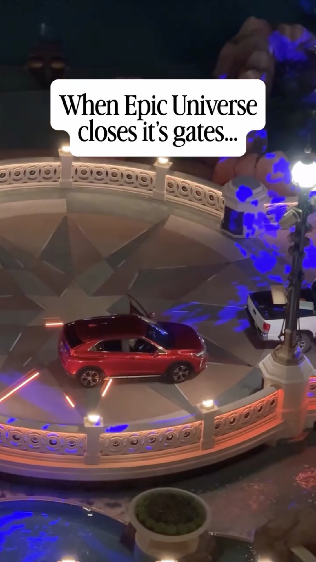 Celestial Park’s walkways see a different kind of traffic after Epic Universe closes, with a recently shared video showing cars, trucks, and a service van traveling through the park.