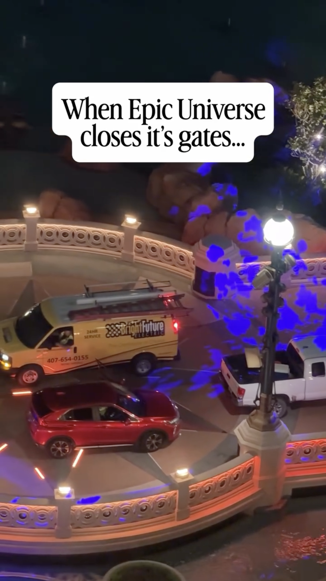 Celestial Park’s walkways see a different kind of traffic after Epic Universe closes, with a recently shared video showing cars, trucks, and a service van traveling through the park.