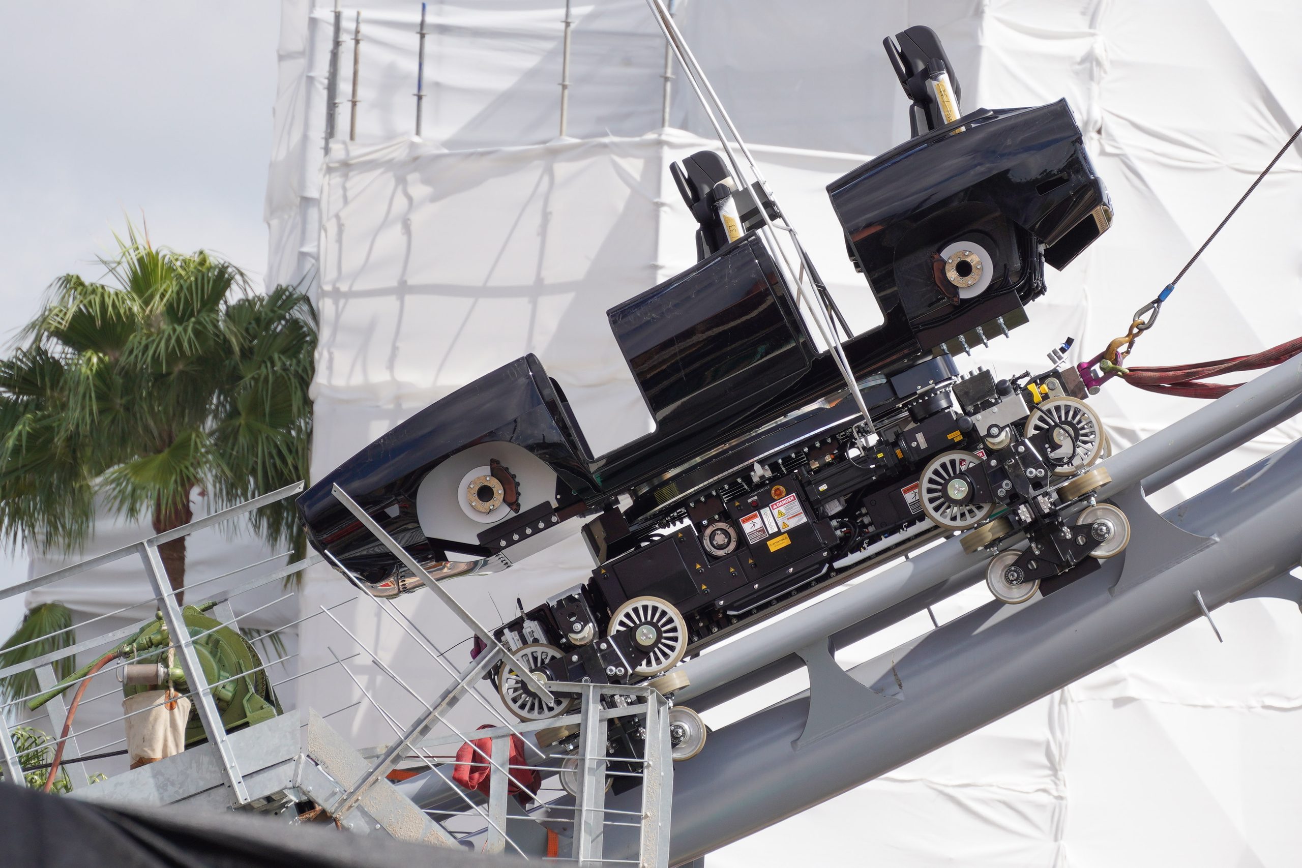 Pull testing has reached the towering spike of Fast & Furious: Hollywood Drift at Universal Studios Florida, with new photos from bioreconstruct showing how crews pull the test vehicle up the track and inspect its traction.