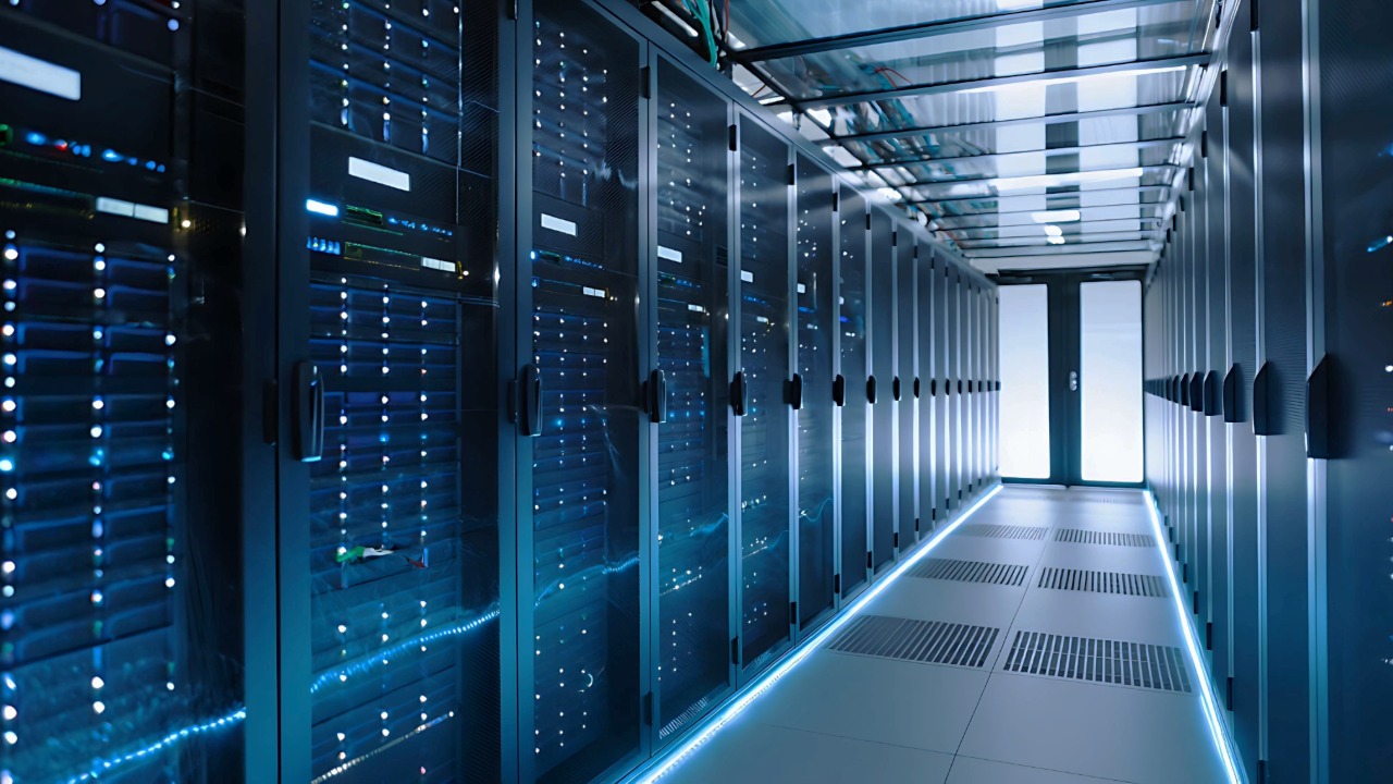 A row of server racks inside a modern data center