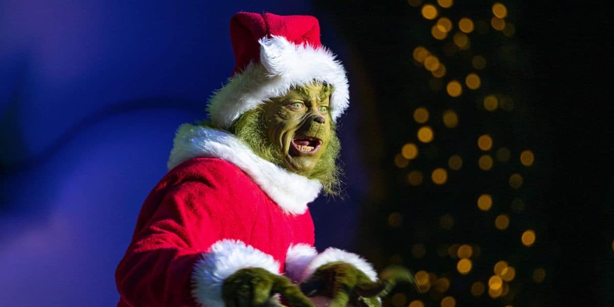 The Grinch looking shocked at Islands of Adventure inside Universal Orlando Resort for Grinchmas 2023.