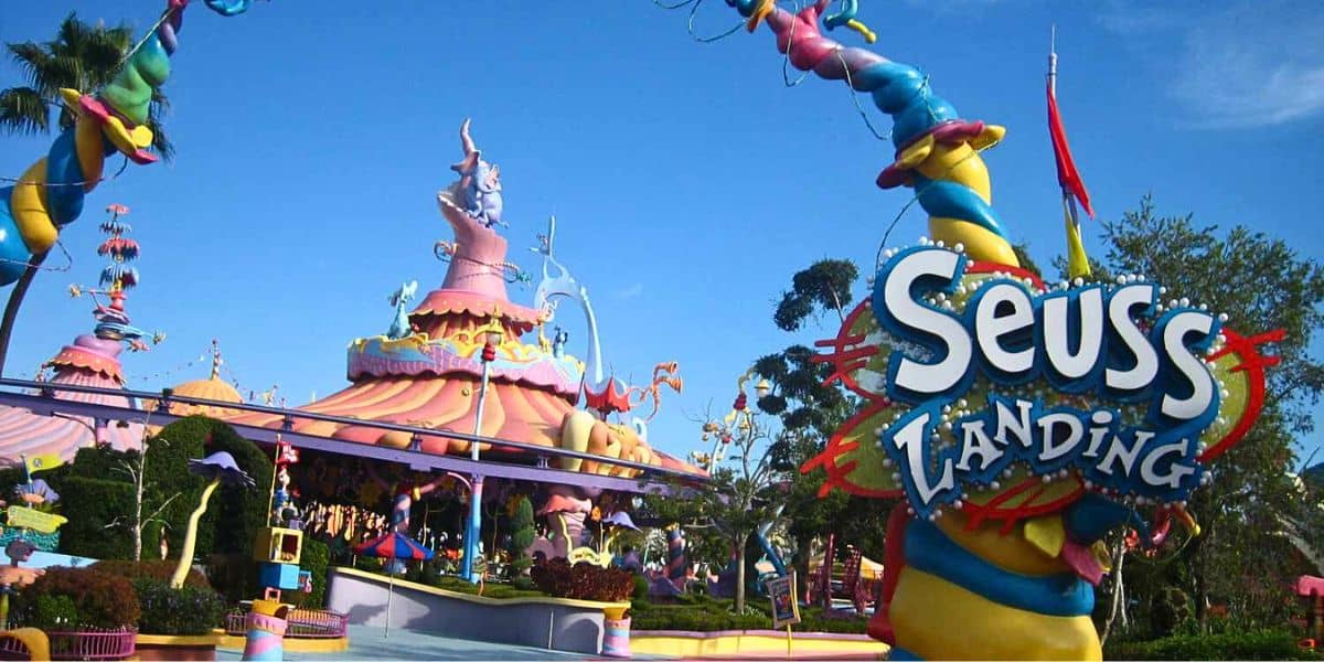 Water feature at the entrance to Seuss Landing at Universal Islands of Adventure after the McElligot’s Pool reference was removed.